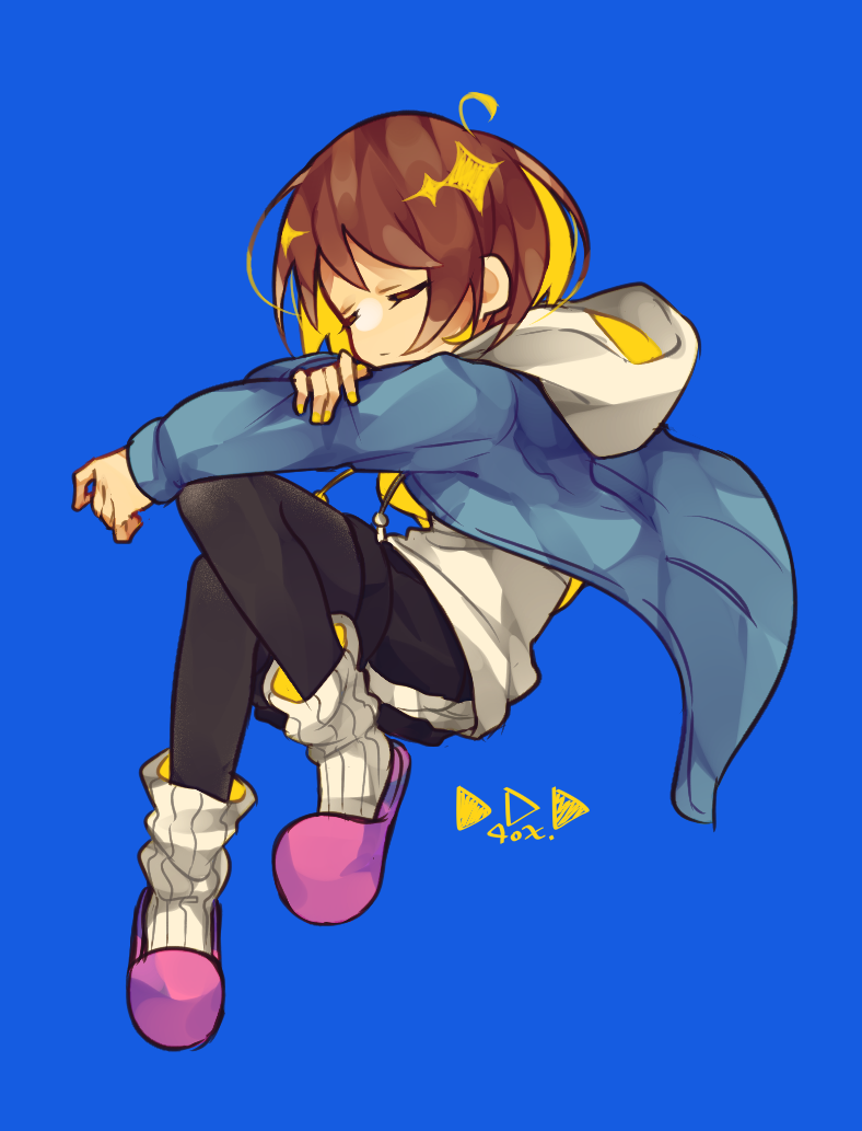 black_pantyhose, black_shorts, blue_background, blue_jacket, brown_hair, closed_eyes, closed_mouth, cosplay