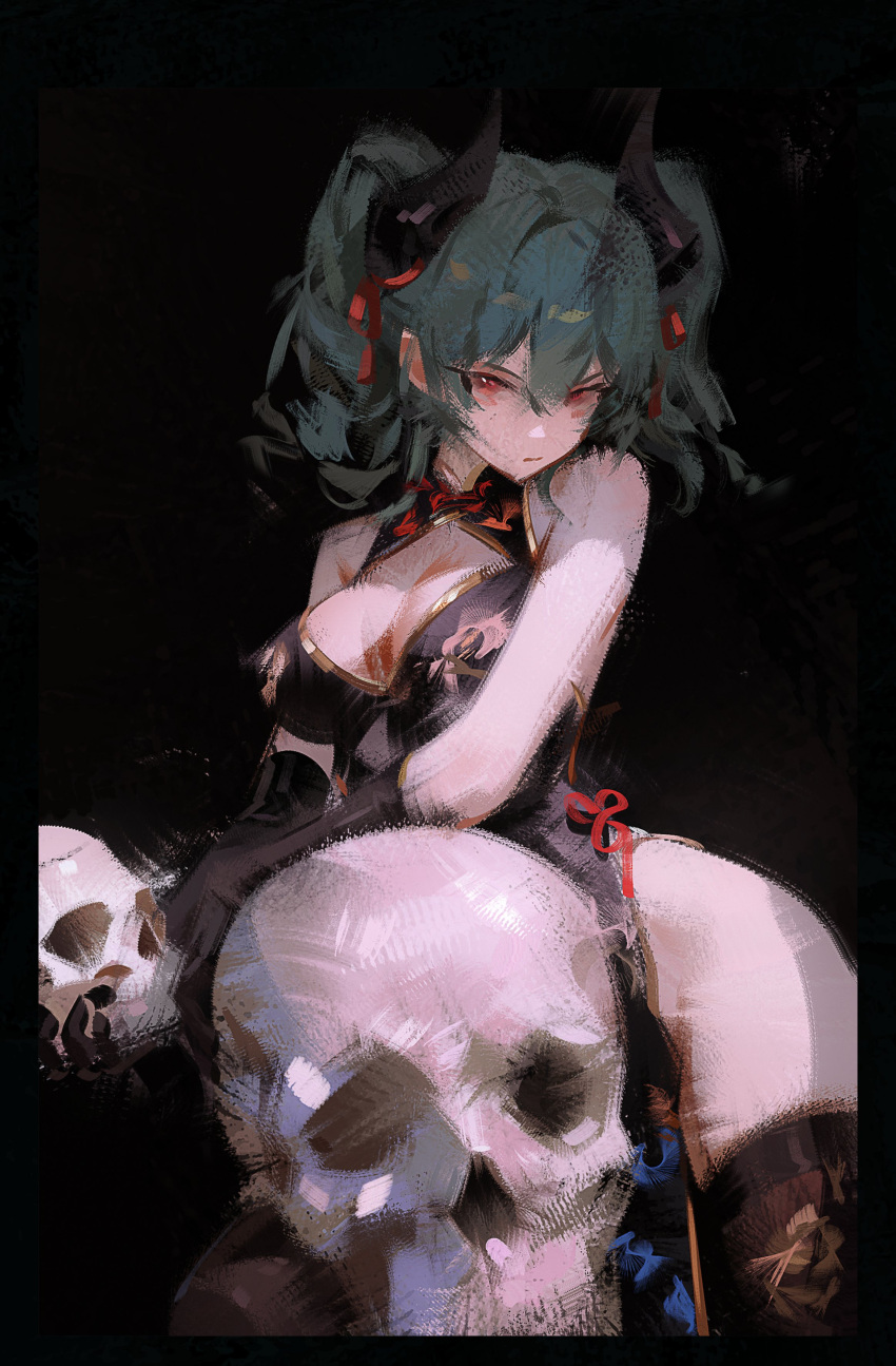 1girl, absurdres, angry, aqua_hair, bare_shoulders, black_background, black_dress, black_gloves