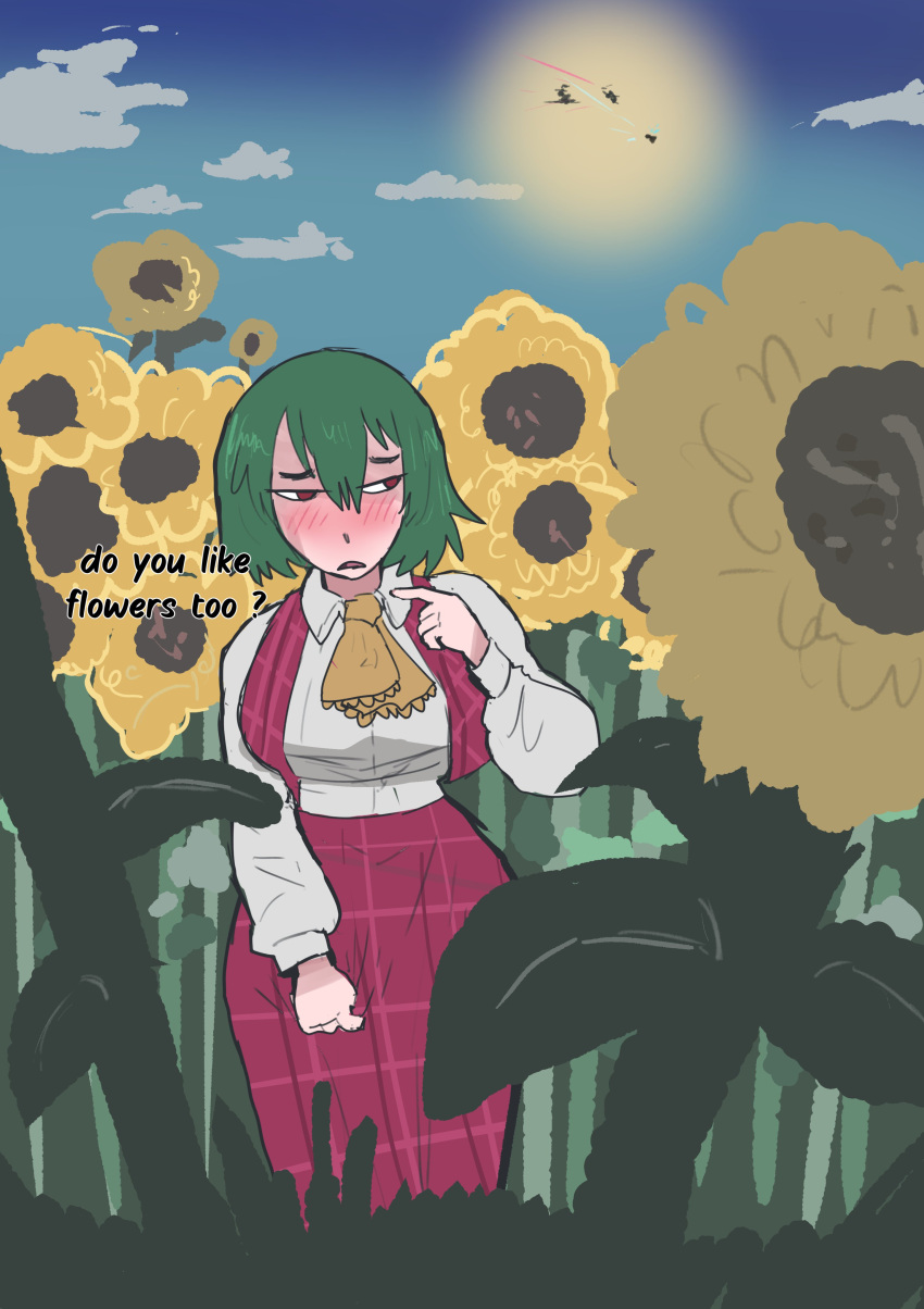 1girl, absurdres, blush, breasts, english_text, field, flower, flower_field