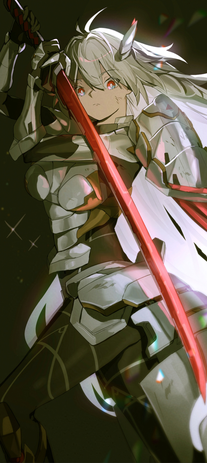 1girl, absurdres, armor, black_background, cowboy_shot, duel_monster, grey_hair, highres, holding, holding_sword, holding_weapon, horns, katana, long_hair, red_eyes, sen-jou, simple_background, sky_striker_ace_-_zero, solo, sword, weapon, yu-gi-oh!