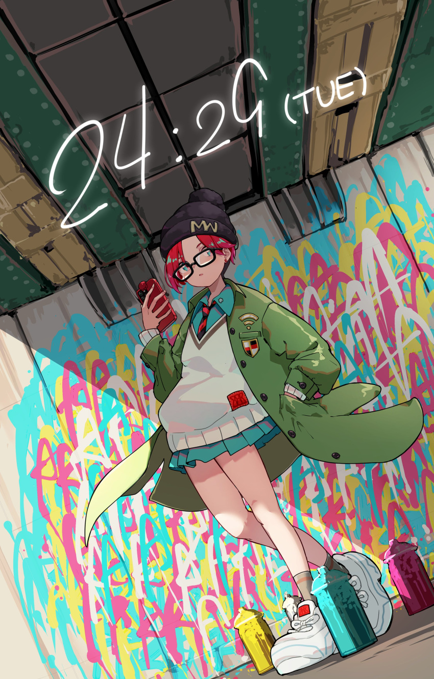 1girl, absurdres, amate_yuzuriha, beanie, black-framed_eyewear, black_hat, blue_eyes, blue_shirt