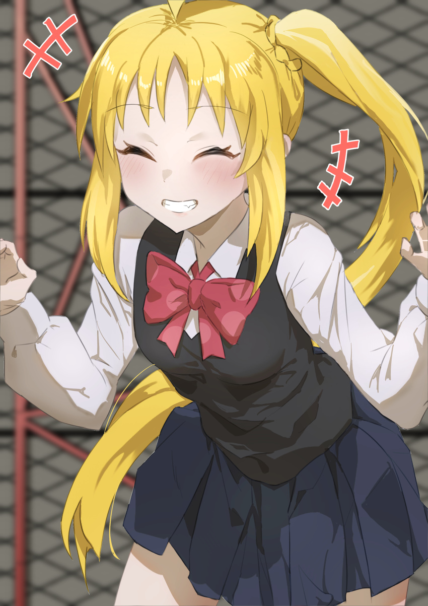 1girl, absurdres, ahoge, blonde_hair, blue_skirt, blush, bocchi_the_rock!, bow
