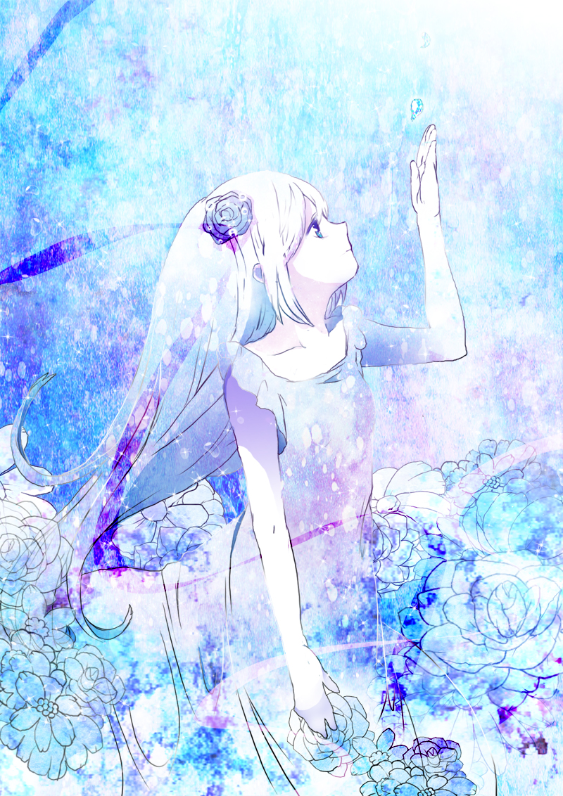 bad_id, blue_eyes, blue_hair, dress, flower, hair_flower, hair_ornament, hatsune_miku