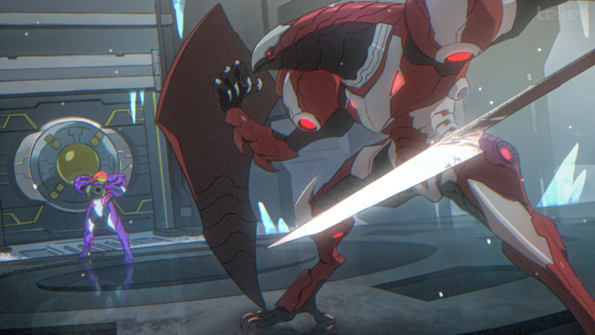 1girl, 1other, arm_cannon, armor, chozo_soldier, claws, gravity_suit_(metroid), green_visor