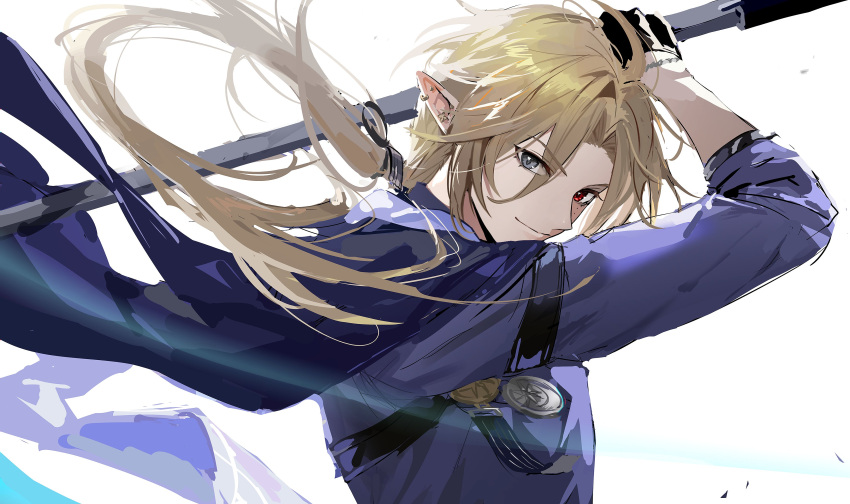 1boy, absurdres, ahoge, arm_strap, black_jacket, blonde_hair, bracelet, floating_hair