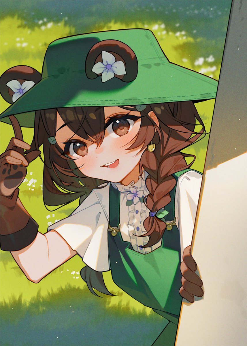 1girl, animal_ears, apron, bear_ears, bow, braid, brown_eyes, brown_gloves