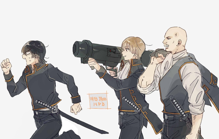 3boys, ascot, bald, belt, black_hair, black_jacket, black_vest, blonde_hair, commentary_request, facial_hair, gintama, harada_unosuke, hilt, holding, holding_jacket, holding_rocket_launcher, holding_unworn_clothes, holding_weapon, jacket, katana, multiple_boys, mustache, okita_sougo, rocket_launcher, running, se0h, sweat, sword, vest, weapon, white_background, yamazaki_sagaru, yellow_trim