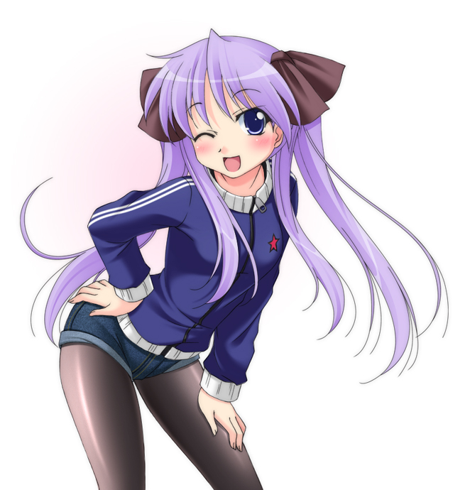 1girl, blush, hair_bow, hiiragi_kagami, leaning_forward, legwear_under_shorts, long_hair, lucky_star