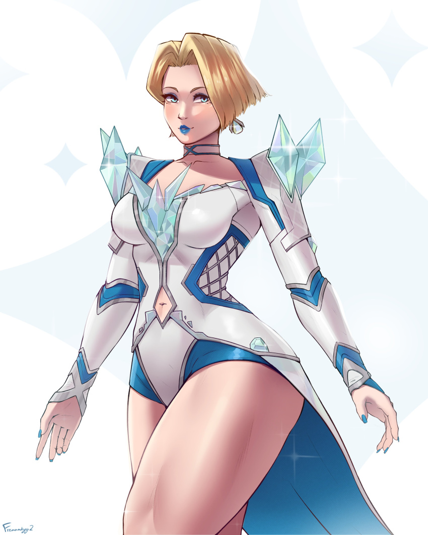 1girl, absurdres, blonde_hair, blue_eyes, blue_lips, breasts, clothing_cutout, commentary