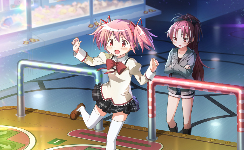 2girls, antenna_hair, arcade, artist_request, black_boots, black_bow, black_shirt, black_skirt
