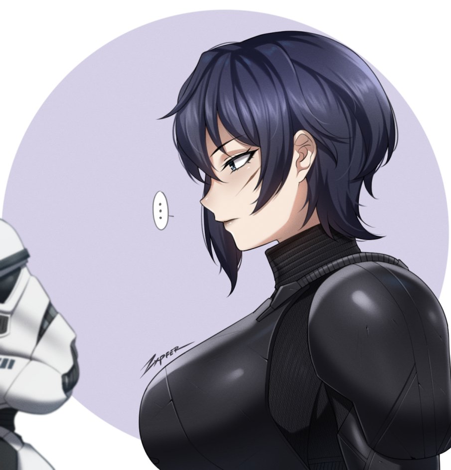 ..., 1girl, animification, armor, black_hair, breasts, deathtrooper, galactic_empire_(star_wars), helmet, short_hair, star_wars, stormtrooper, zxpfer