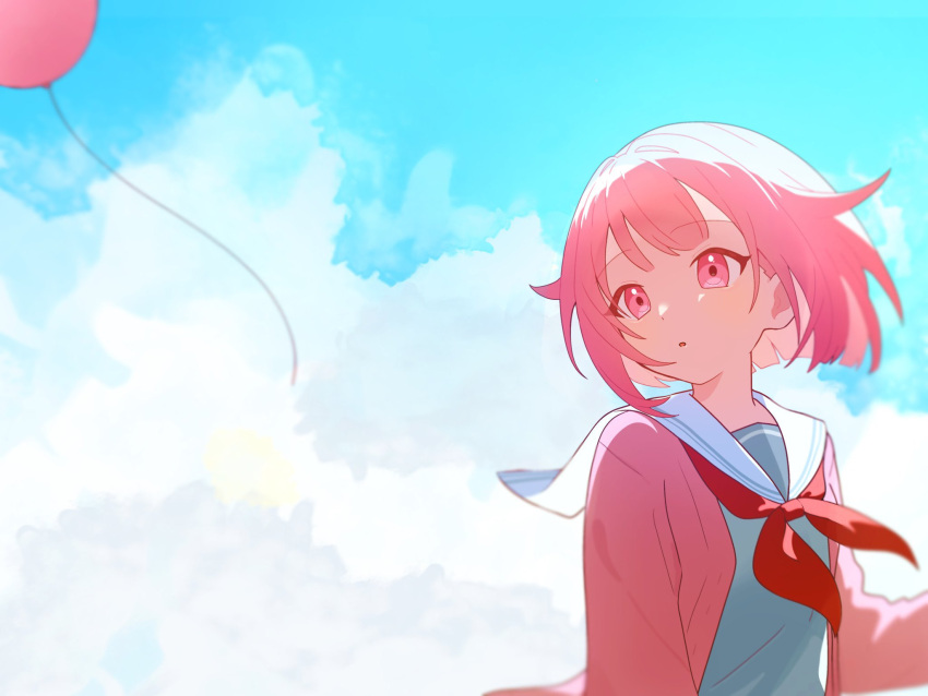 1girl, agencypostart, balloon, clouds, highres, miyamasuzaka_girls'_academy_school_uniform, ootori_emu, pink_eyes, pink_hair, project_sekai, school_uniform, short_hair, sky, wonderlands_x_showtime_(project_sekai)