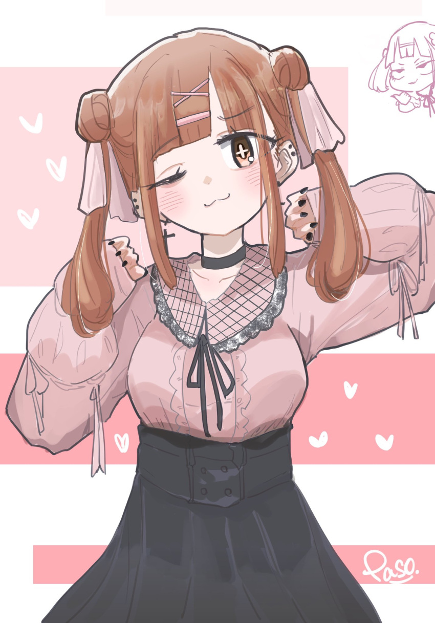 1girl, ;3, artist_name, black_choker, black_nails, black_ribbon, black_skirt, blunt_bangs