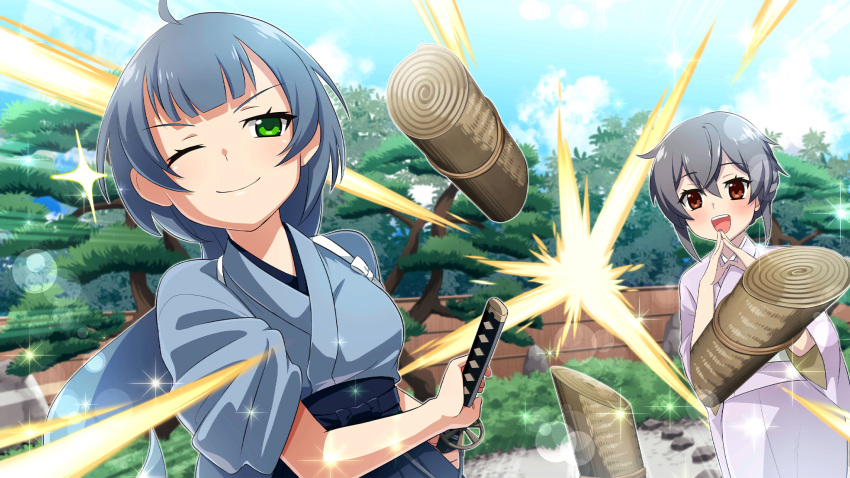 2girls, :d, ;), black_hakama, blue_hair, blurry, brown_hair, closed_mouth