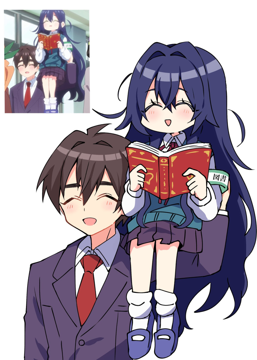 1boy, 1girl, aijou_rentarou, ankle_socks, armband, black_hair, blazer, blue_hair