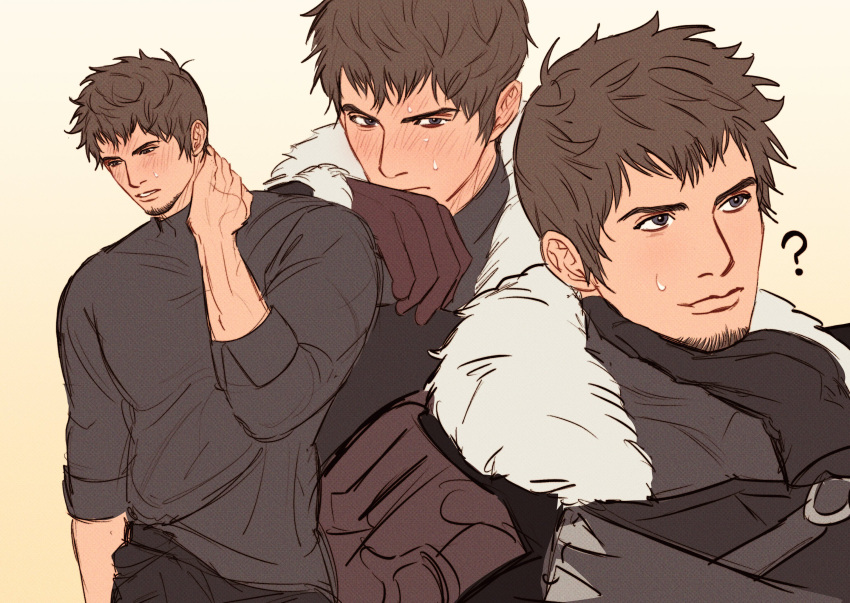 1boy, ?, ardbert_hylfyst, arm_up, armor, black_shirt, blush, brown_eyes