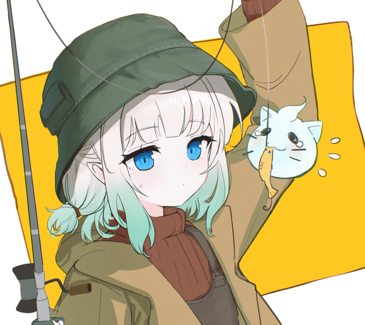 1girl, aqua_hair, blue_eyes, brown_jacket, brown_overalls, brown_sweater, dredge_(video_game), fishing_rod