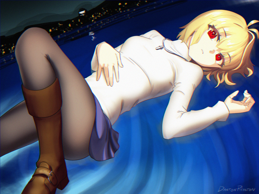 1girl, ahoge, arcueid_brunestud, black_pantyhose, blonde_hair, boots, breasts, brown_boots