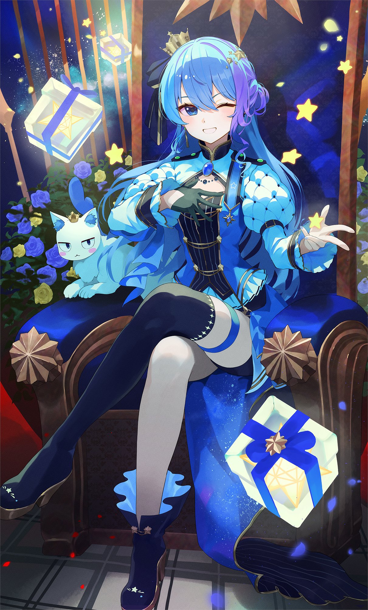 1girl, atatatatame01, blue_eyes, blue_hair, box, cat, crown, gift