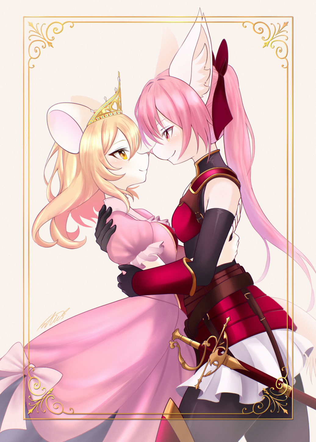 2girls, animal_ears, armor, blonde_hair, border, breasts, cat_ears, cat_girl