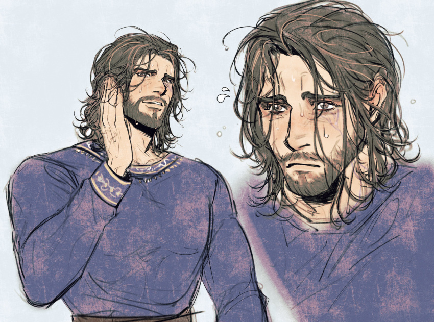 1boy, absurdres, baldur's_gate, baldur's_gate_3, beard, blue_shirt, brown_eyes, brown_hair