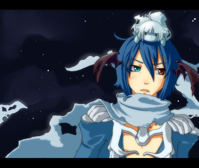 1boy, alternate_color, assassin_cross_(ragnarok_online), blue_eyes, blue_hair, blue_scarf, blue_shirt, brown_wings, character_doll, commentary_request, demon_wings, doll_on_head, hair_between_eyes, head_wings, heterochromia, letterboxed, lillkun, long_bangs, looking_afar, looking_to_the_side, male_focus, marionette_(ragnarok_online), open_mouth, ragnarok_online, red_eyes, russian_commentary, scarf, shirt, short_hair, solo, torn_clothes, torn_scarf, upper_body, wings