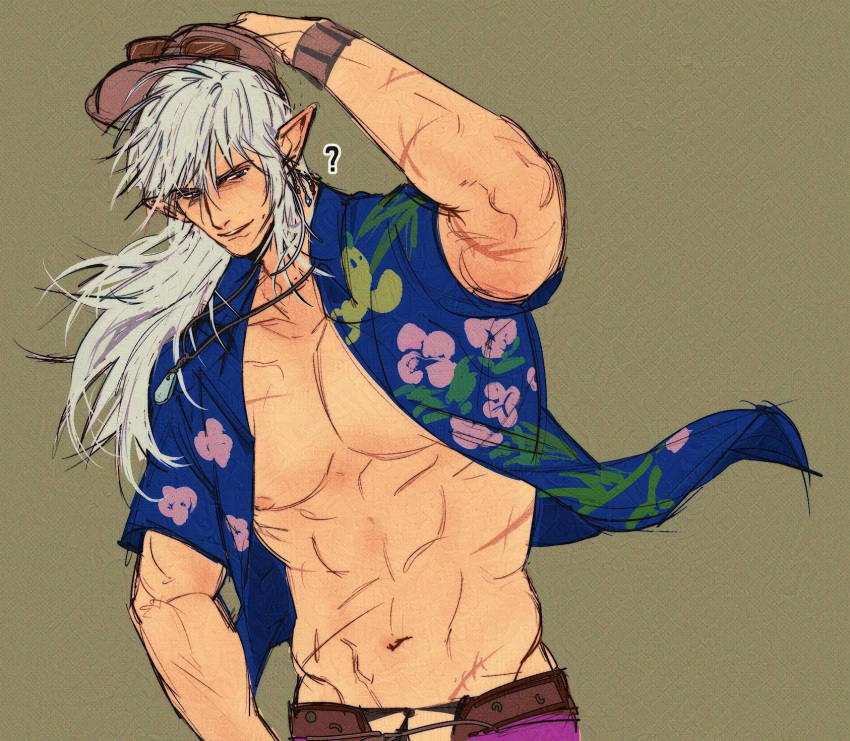 1boy, ?, abs, alternate_costume, arm_up, bare_pectorals, brown_background, collarbone, commentary_request, cowboy_shot, doong_24, elezen, elf, estinien_varlineau, final_fantasy, final_fantasy_xiv, groin, hat, hawaiian_shirt, highres, jewelry, korean_commentary, long_hair, long_pointy_ears, looking_to_the_side, male_focus, navel, necklace, nipples, open_clothes, open_shirt, parted_lips, pectorals, pointy_ears, scar, scar_on_arm, scar_on_chest, shirt, short_sleeves, sideways_glance, smile, solo, white_hair