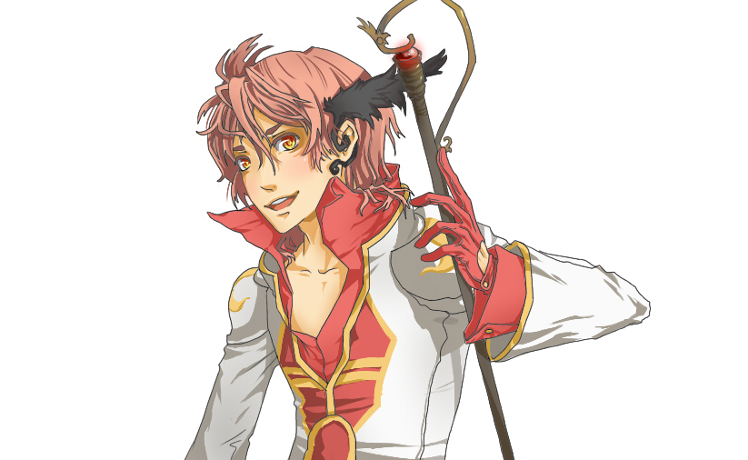 1boy, black_wings, coat, commentary, english_commentary, feathered_wings, gloves, hair_between_eyes, head_wings, high_priest_(ragnarok_online), holding, holding_staff, lillkun, long_sleeves, looking_at_viewer, male_focus, multicolored_coat, open_mouth, orange_eyes, pink_hair, ragnarok_online, red_coat, red_gloves, short_hair, simple_background, smile, solo, staff, two-tone_coat, upper_body, white_background, white_coat, wings