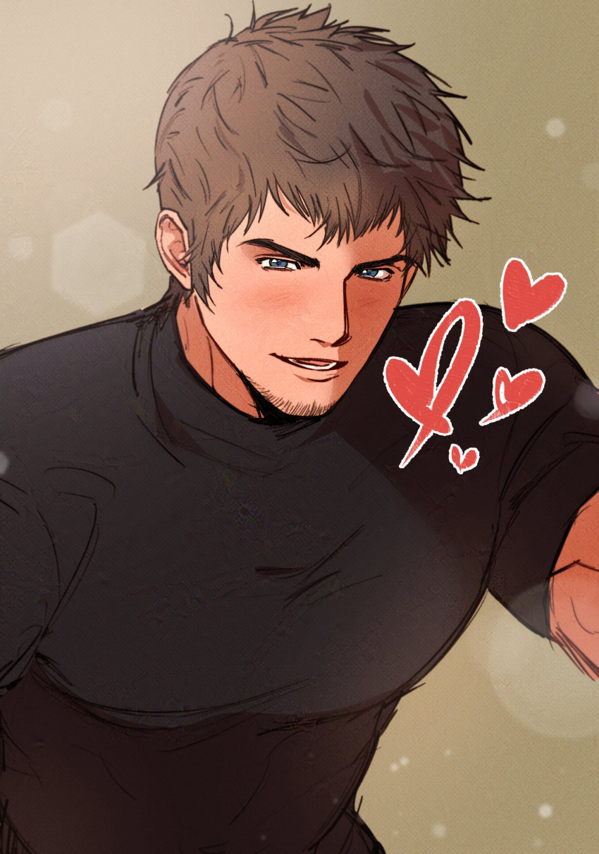 1boy, ardbert_hylfyst, black_shirt, blue_eyes, blush, brown_hair, commentary, crew_neck, doong_24, facial_hair, final_fantasy, final_fantasy_xiv, goatee, heart, highres, korean_commentary, light_particles, looking_at_viewer, lower_teeth_only, male_focus, open_mouth, shirt, short_hair, short_sleeves, smile, solo, t-shirt, teeth, upper_body