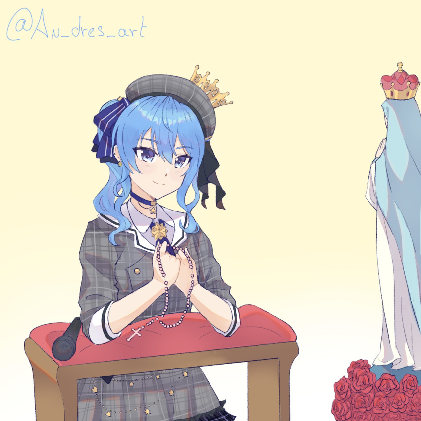 1girl, an_dres_art, artist_name, beret, blue_choker, blue_eyes, blue_hair, bracelet