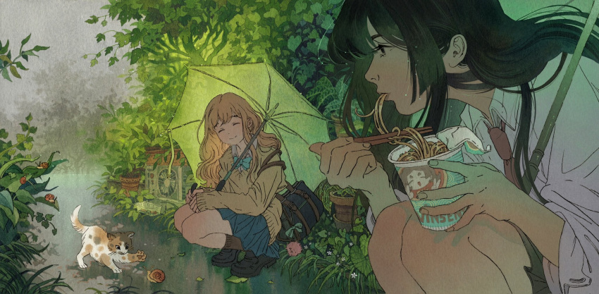 2girls, air_conditioner, bag, black_hair, blonde_hair, bow, bowtie, bush