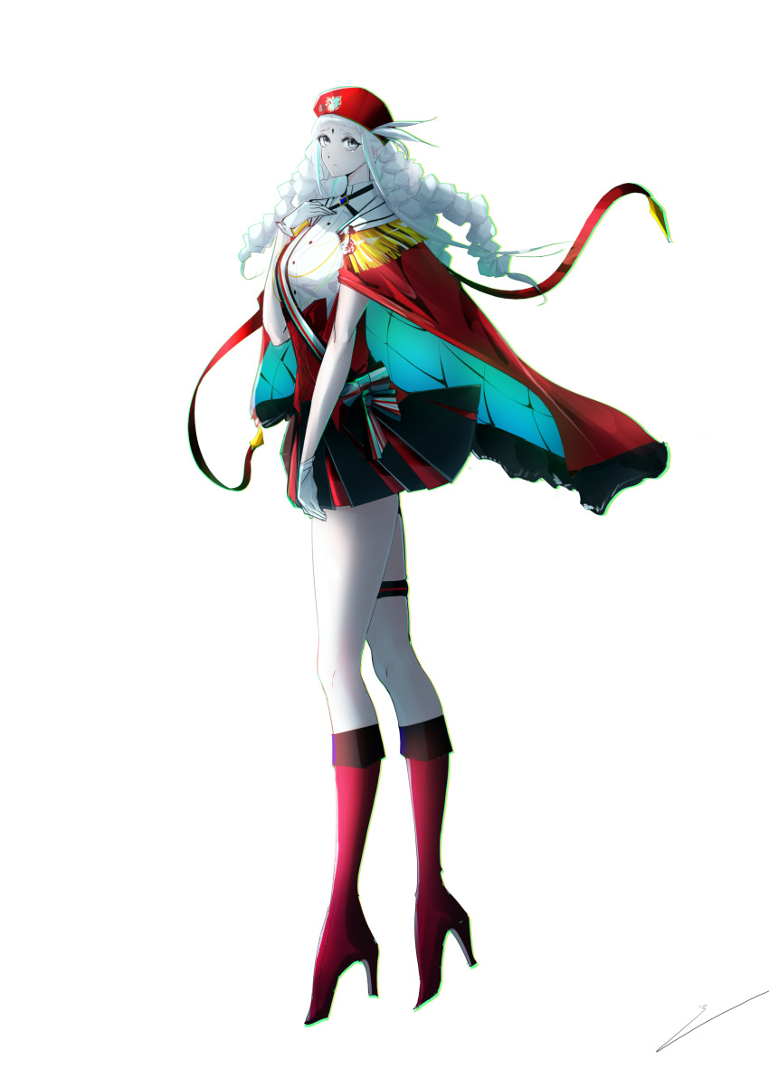 1girl, absurdres, beret, boots, braid, breasts, cape, chromatic_aberration, corset, destiny123456, echika_y._franburnett, epaulettes, facial_mark, floating_hair, forehead_mark, from_side, full_body, gloves, grey_eyes, hand_on_own_hip, hat, high_heel_boots, high_heels, highres, long_hair, long_legs, looking_at_viewer, pantyhose, red_boots, red_cape, red_corset, red_hat, shirt, small_breasts, solo, super_robot_wars, super_robot_wars_y, very_long_hair, white_background, white_gloves, white_hair, white_pantyhose, white_shirt, worried