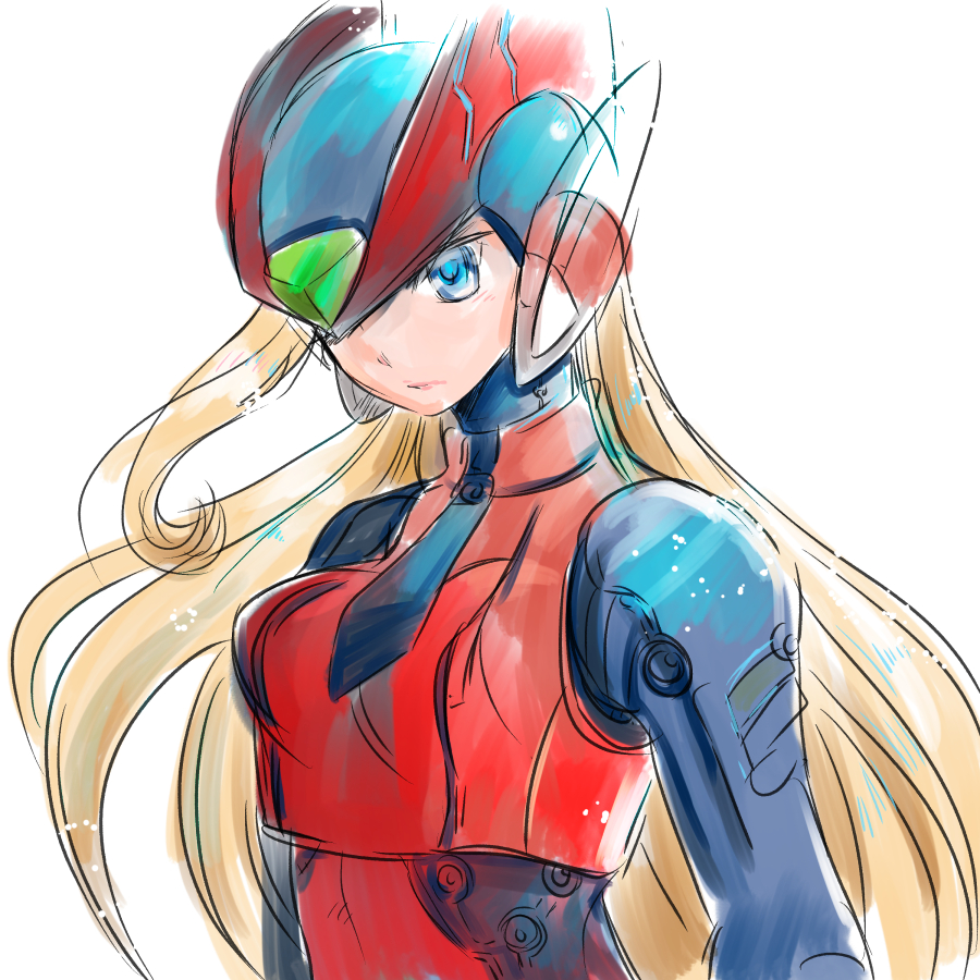 1girl, android, bliss_zero_(mega_man), blonde_hair, blue_eyes, bodysuit, breasts, forehead_jewel