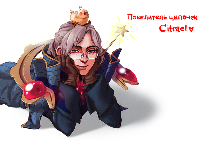 1boy, animal_on_head, bird, bird_on_head, blue_cape, blue_shirt, brown_gloves, cape