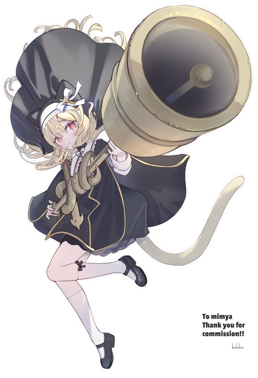 1girl, :o, animal_ears, artist_name, bell, black_bow, black_coif, black_dress