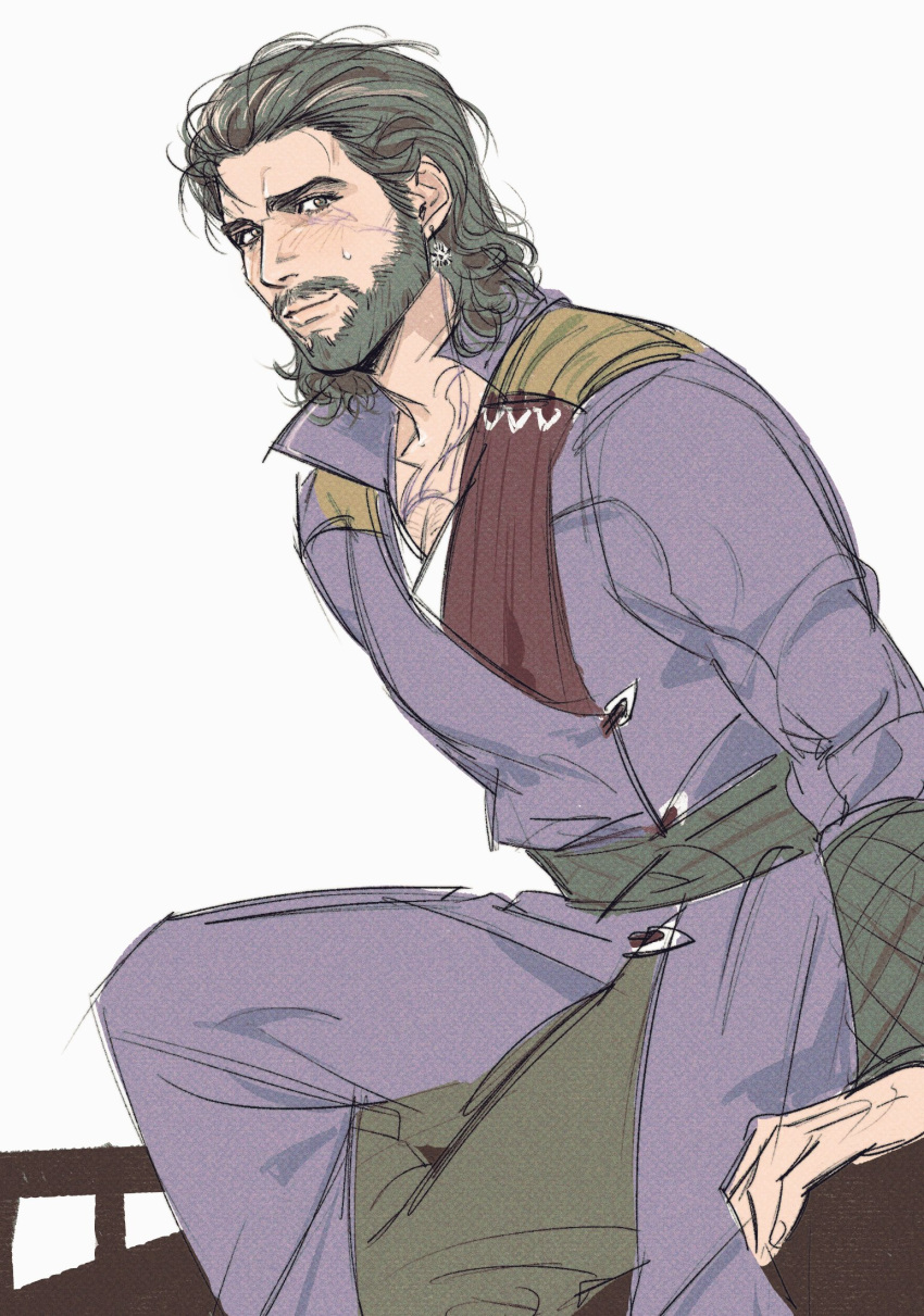 1boy, baldur's_gate, baldur's_gate_3, beard, black_sash, brown_eyes, brown_hair, chest_tattoo