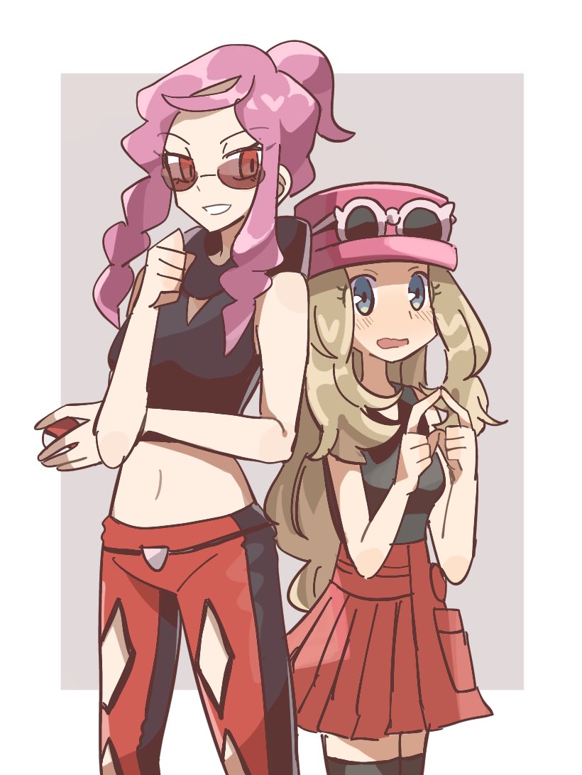 2girls, black_eyes, black_shirt, blonde_hair, blush, crop_top, eyewear_on_headwear, han0579, hat, holding, holding_poke_ball, index_fingers_together, long_hair, malva_(pokemon), midriff, multiple_girls, navel, pants, pink_hair, pink_hat, pleated_skirt, poke_ball, poke_ball_(basic), pokemon, pokemon_xy, red_eyes, red_skirt, serena_(pokemon), shirt, skirt, sleeveless, sleeveless_shirt, smile, sunglasses