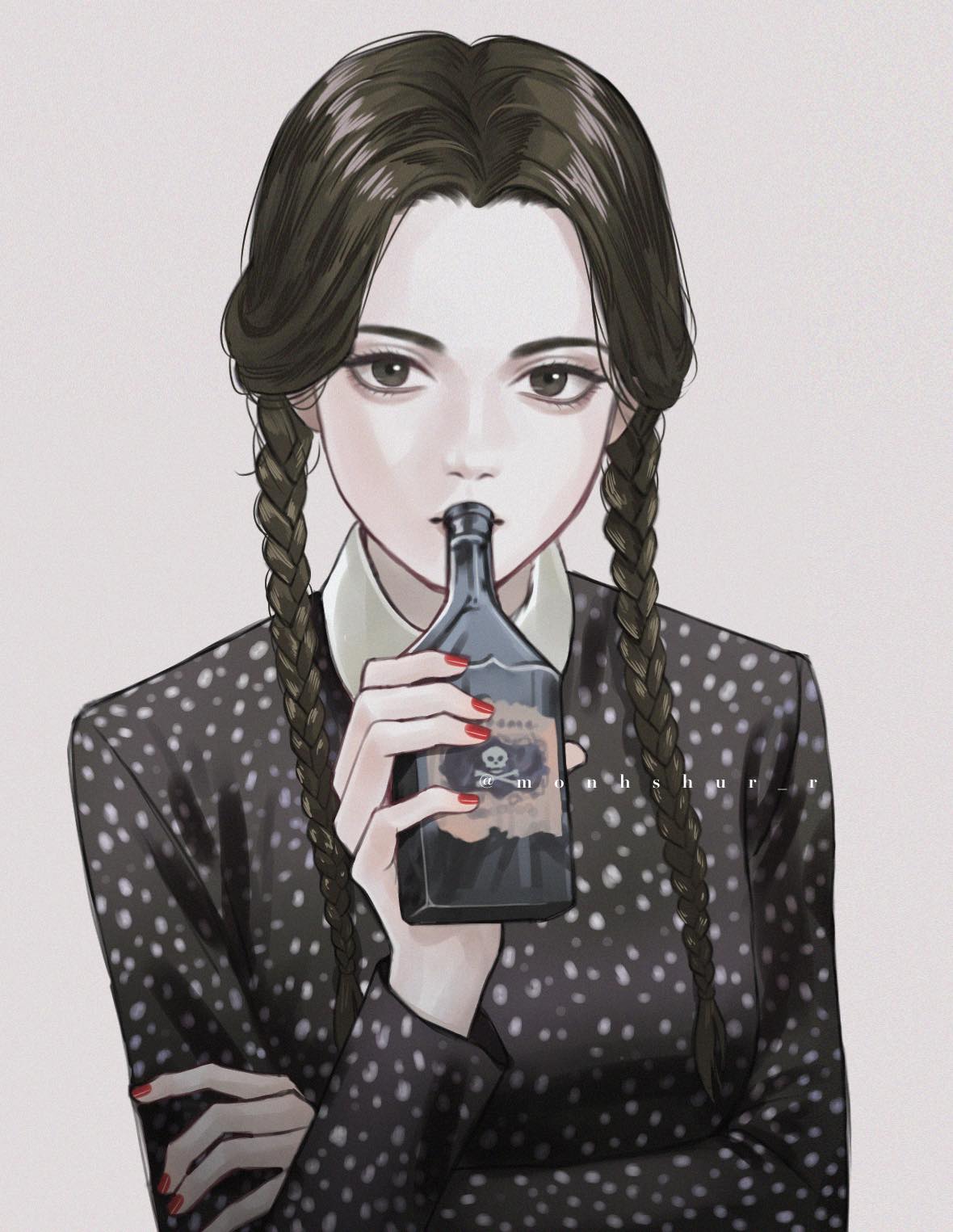 1girl, addams_family, black_dress, black_eyes, black_hair, bottle, braid, breasts