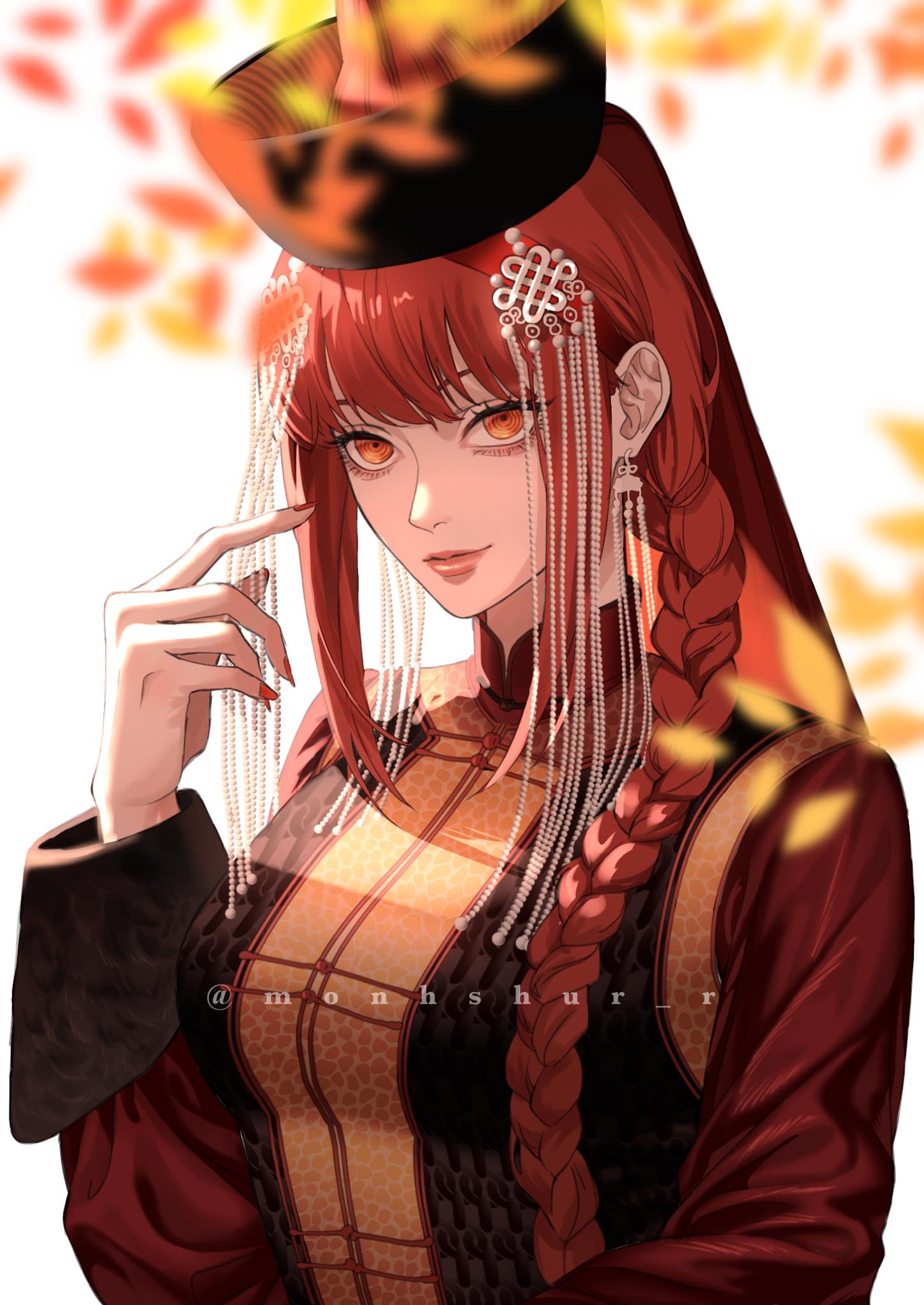 1girl, beads, blurry, braid, braided_ponytail, breasts, chainsaw_man, commentary_request, depth_of_field, earrings, hair_beads, hair_ornament, hair_over_shoulder, highres, instagram_username, jewelry, large_breasts, leaf, lips, long_hair, makima_(chainsaw_man), mongolian_clothes, mongolian_commentary, monhshur_r, orange_eyes, original, red_hair, red_nails, red_veil, ringed_eyes, single_braid, smile, solo, upper_body, veil