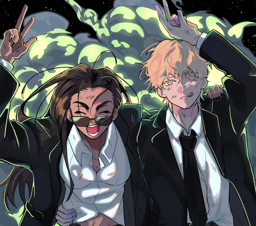 1boy, 1girl, alien_stage, arm_around_waist, arm_up, black_jacket, black_nails, black_necktie