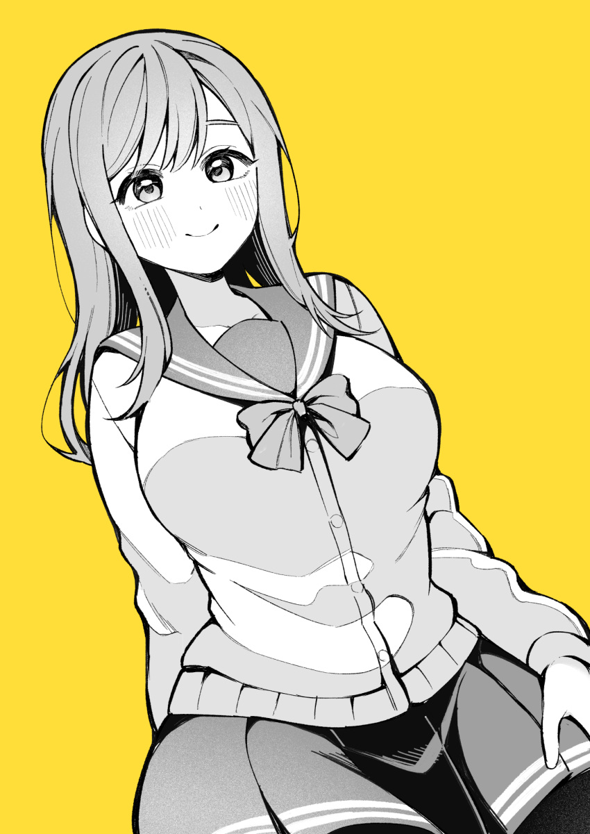 1girl, blush, bow, bowtie, breasts, cardigan, closed_mouth, collarbone