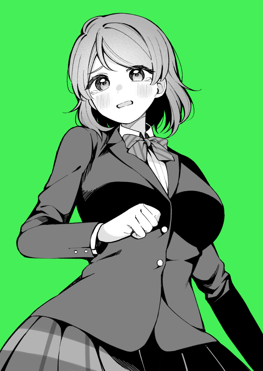 1girl, blazer, blush, bow, bowtie, breasts, clenched_hand, commentary_request