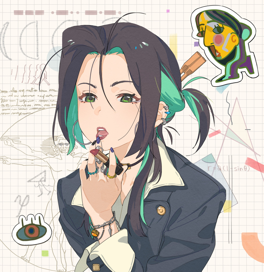 1girl, absurdres, armband, black_hair, black_jacket, commentary, cosmetics, ear_piercing