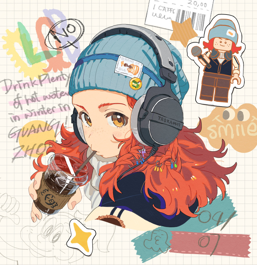 1girl, absurdres, beanie, blue_hat, blush_stickers, braid, commentary, cropped_shoulders