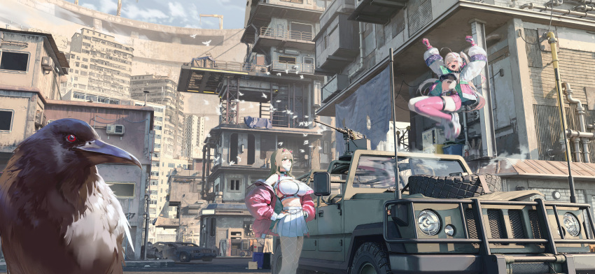 2girls, absurdres, alternate_costume, bird, breasts, brown_hair, building, car