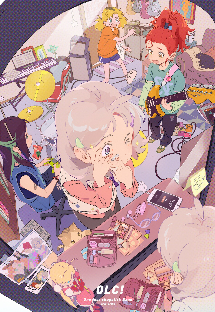 4girls, absurdres, amplifier, aqua_shirt, artist_name, bandaid, bandaid_on_arm, black_hair, black_pants, blonde_hair, blue_eyes, blue_shorts, blue_vest, brown_hair, cat, cellphone, chair, commentary, contact_lens, controller, copyright_name, cymbals, doll, drum, drum_set, drumsticks, electric_guitar, from_side, game_controller, green_arm_warmers, guitar, highres, holding, holding_controller, holding_game_controller, holding_instrument, indoors, instrument, juice_box, keyboard_(instrument), low_twintails, luo_meimei, makeup, mirror, multiple_girls, one_less_chopstick_band, orange_eyes, orange_shirt, pants, phone, photo_(object), pink_hair, putting_in_contact_lens, red_hair, reflection, rug, shi_chunlan, shirt, shorts, sitting, smartphone, song_na, speaker, stool, table, topknot, troka, twintails, unworn_eyewear, vanity_table, vest, zhang_zilong