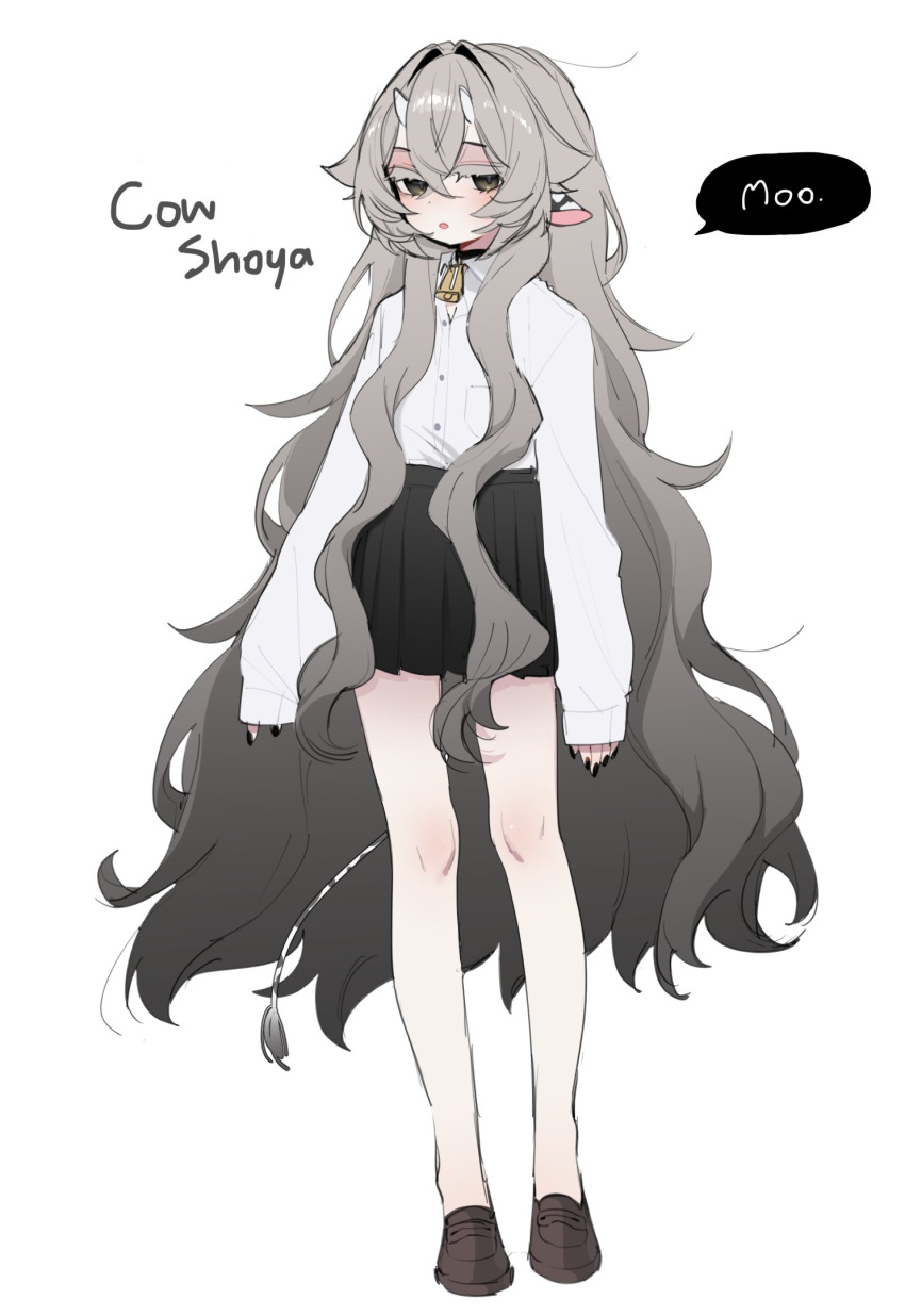 1girl, animal_ears, black_skirt, brown_eyes, brown_shoes, collared_shirt, cow_ears, cow_girl