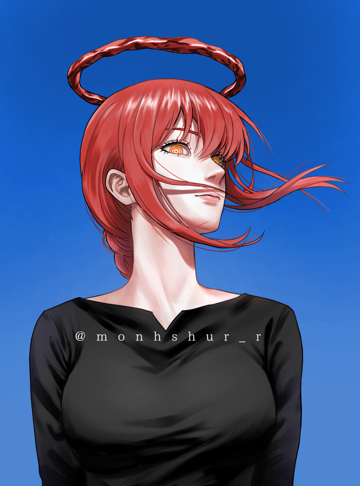 1girl, blue_background, braid, braided_ponytail, breasts, chainsaw_man, commentary, eyebrows_hidden_by_hair