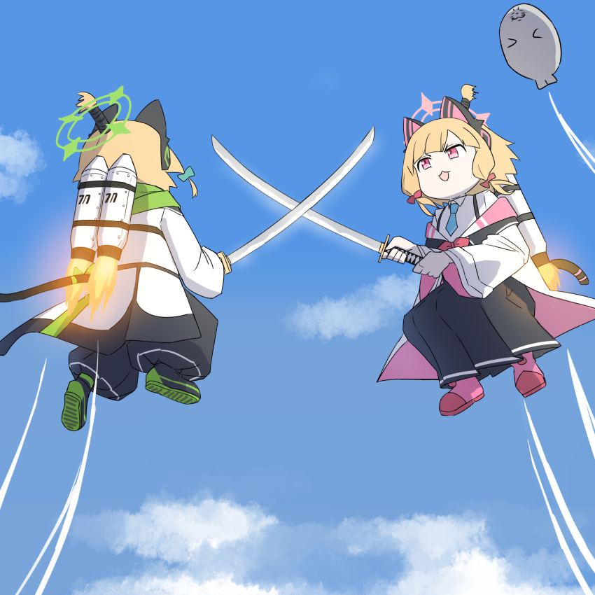 2girls, animal_ear_headphones, animal_ears, bakaking, black_pants, black_skirt, blonde_hair, blue_archive, blue_necktie, cat_ear_headphones, fake_animal_ears, green_eyes, green_shoes, hair_between_eyes, headphones, highres, holding, holding_sword, holding_weapon, jacket, jetpack, katana, looking_at_another, medium_hair, midori_(blue_archive), momoi_(blue_archive), multiple_girls, necktie, open_mouth, pants, pink_eyes, pink_shoes, seal_(animal), shirt, shoes, sidelocks, skirt, sword, weapon, white_jacket, white_shirt