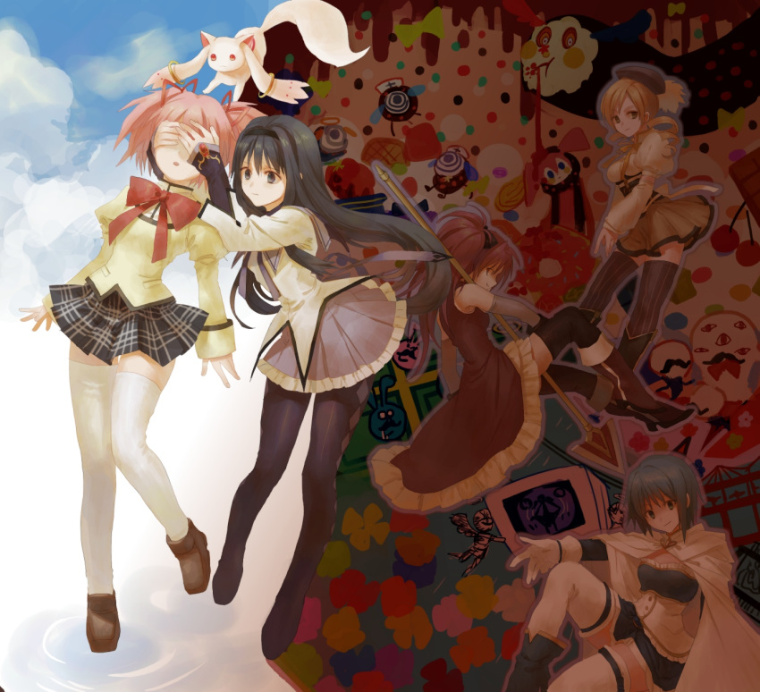 adelbert_(madoka_magica), akemi_homura, anthony_(madoka_magica), beret, black_hair, blonde_hair, blue_hair, boots